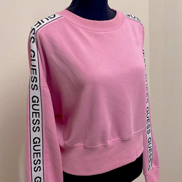 Guess Pink Cropped Crewneck Pullover Monogrammed Arms Sweater - Picture 11 of 16